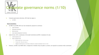 Corporate governance norms (1/10)
 Corporate governance directions, 2015 shall not apply to-
 CIC-ND-SI
Board Committees:
 All NBFC-D and NBFC-ND-SI are now mandatorily required to constitute:
 Audit Committee,
 Nomination Committee
 Risk Committee
 Asset Liability Management Committee
 Under the Act, 2013, constitution of the Audit Committee and NRC is mandatory for only:
 Listed Companies; and
 Public Companies with:
 Paid up capital of Rs. 10 crore or more,
 Turnover of Rs. 100 crore or more or
 Aggregate outstanding loans or borrowings or debentures or deposits exceeding Rs. 50 crore or more.
 However, all NBFC-D and NBFC-ND-SI, irrespective of whether they are public or private, are required to constitute these committees.
 