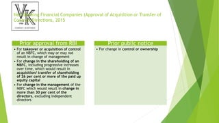 Non-Banking Financial Companies (Approval of Acquisition or Transfer of
Control) Directions, 2015
Prior approval from RBI
• For takeover or acquisition of control
of an NBFC, which may or may not
result in change of management
• For change in the shareholding of an
NBFC, including progressive increases
over time, which would result in
acquisition/ transfer of shareholding
of 26 per cent or more of the paid up
equity capital
• For change in the management of the
NBFC which would result in change in
more than 30 per cent of the
directors, excluding independent
directors
Prior public notice
• For change in control or ownership
 