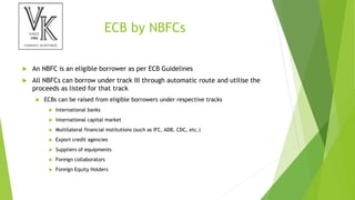 ECB by NBFCs
 An NBFC is an eligible borrower as per ECB Guidelines
 All NBFCs can borrow under track III through automatic route and utilise the
proceeds as listed for that track
 ECBs can be raised from eligible borrowers under respective tracks
 International banks
 International capital market
 Multilateral financial institutions (such as IFC, ADB, CDC, etc.)
 Export credit agencies
 Suppliers of equipments
 Foreign collaborators
 Foreign Equity Holders
 