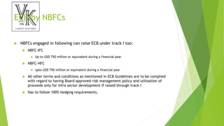 ECB by NBFCs
 NBFCs engaged in following can raise ECB under track I too:
 NBFC-IFC
 Up to USD 750 million or equivalent during a financial year
 NBFC-HFC
 upto USD 750 million or equivalent during a financial year
 All other terms and conditions as mentioned in ECB Guidelines are to be complied
with regard to having Board approved risk management policy and utilisation of
proceeds only for infra sector development if raised through track I
 Has to follow 100% hedging requirements.
 
