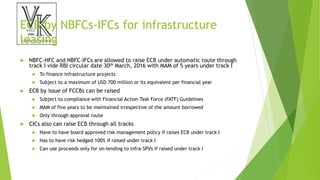 ECB by NBFCs-IFCs for infrastructure
leasing
 NBFC-HFC and NBFC-IFCs are allowed to raise ECB under automatic route through
track I vide RBI circular date 30th March, 2016 with MAM of 5 years under track I
 To finance infrastructure projects
 Subject to a maximum of USD 700 million or its equivalent per financial year
 ECB by issue of FCCBs can be raised
 Subject to compliance with Financial Action Task Force (FATF) Guidelines
 MAM of five years to be maintained irrespective of the amount borrowed
 Only through approval route
 CICs also can raise ECB through all tracks
 Have to have board approved risk management policy if raises ECB under track I
 Has to have risk hedged 100% if raised under track I
 Can use proceeds only for on-lending to infra-SPVs if raised under track I
 
