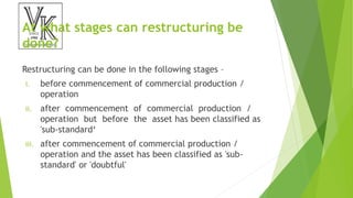 At what stages can restructuring be
done?
Restructuring can be done in the following stages –
i. before commencement of commercial production /
operation
ii. after commencement of commercial production /
operation but before the asset has been classified as
'sub-standard‘
iii. after commencement of commercial production /
operation and the asset has been classified as 'sub-
standard' or 'doubtful'
 