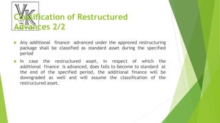 Classification of Restructured
Advances 2/2
 Any additional finance advanced under the approved restructuring
package shall be classified as standard asset during the specified
period
 In case the restructured asset, in respect of which the
additional finance is advanced, does fails to become to standard at
the end of the specified period, the additional finance will be
downgraded as well and will assume the classification of the
restructured asset.
 