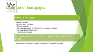 Creation of Mortgages
Forms of mortgage:
• Legal mortgage
• Usufructuary mortgage
• Simple mortgage
• Mortgage by deposit of title deeds or equitable mortgage
• Mortgage by conditional sale
• Anomalous mortgage
The most common form is mortgage by deposit of title
deeds
• Usual course is to have a memo of deposit of title deeds recorded
 