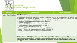 Tabular presentation –
Asset Classification – Project Loans
Particulars Standard Assets Non Performing Assets
Asset Classification After Restructuring
The restructured assets can be retained as “Standard” in the books of
the lender only if the following are satisfied:
1. The restructuring is done within 2 years from the original DCCO
2. At the time of making application the asset should have been
classified as “Standard”
3. The revised DCCO falls within 4 years of the original DCCO (this
includes 2 years for making application) where the delay is
occurred due to court pending litigation; or
The revised DCCO falls within 3 years from the original DCCO (this
includes a 2 years for making application) where the delay is
occurred due to reasons which are beyond the promoter’s control
If any of the conditions, for retaining the
restructured assets as standard, are not
complied with.
** When the revised DCCO falls within 2 years from the original DCCO and the consequential shift in
repayment is for a period which is of equal or shorter duration than the restructured tenure, it is not
considered as restructuring and the assets classified as “Standard” will have to be provided for at the rate
of 0.25%
 