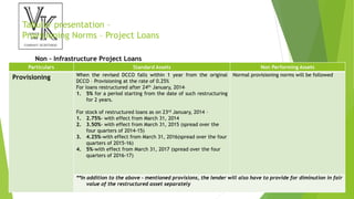 Tabular presentation –
Provisioning Norms – Project Loans
Particulars Standard Assets Non Performing Assets
Provisioning When the revised DCCO falls within 1 year from the original
DCCO – Provisioning at the rate of 0.25%
For loans restructured after 24th January, 2014–
1. 5% for a period starting from the date of such restructuring
for 2 years.
For stock of restructured loans as on 23rd January, 2014 –
1. 2.75%- with effect from March 31, 2014
2. 3.50%- with effect from March 31, 2015 (spread over the
four quarters of 2014-15)
3. 4.25%-with effect from March 31, 2016(spread over the four
quarters of 2015-16)
4. 5%-with effect from March 31, 2017 (spread over the four
quarters of 2016-17)
Normal provisioning norms will be followed
**In addition to the above – mentioned provisions, the lender will also have to provide for diminution in fair
value of the restructured asset separately
Non – Infrastructure Project Loans
 