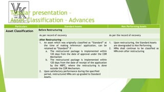 Tabular presentation –
Asset Classification – Advances
Particulars Standard Assets Non Performing Assets
Asset Classification Before Restructuring
As per record of recovery As per the record of recovery
After Restructuring
1. An asset which was originally classified as “Standard” at
the time of making reference/ application, can be
retained as “Standard” if –
a. The restructured package is implemented within
120 days from the date of approval under the CDR
Mechanism
b. The restructured package is implemented within
120 days from the date of receipt of the application
by the NBFC, where the restructuring is done
outside the CDR Mechanism.
2. Upon satisfactory performance during the specified
period, restructured NPAs are up-graded to Standard
Assets.
1. Upon restructuring, the Standard Assets
are downgraded to Non Performing.
2. NPAs shall continue to be classified as
NPA even after restructuring
 