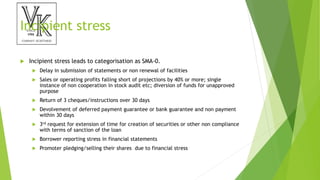 Incipient stress
 Incipient stress leads to categorisation as SMA-0.
 Delay in submission of statements or non renewal of facilities
 Sales or operating profits falling short of projections by 40% or more; single
instance of non cooperation in stock audit etc; diversion of funds for unapproved
purpose
 Return of 3 cheques/instructions over 30 days
 Devolvement of deferred payment guarantee or bank guarantee and non payment
within 30 days
 3rd request for extension of time for creation of securities or other non compliance
with terms of sanction of the loan
 Borrower reporting stress in financial statements
 Promoter pledging/selling their shares due to financial stress
 