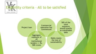 Eligibility criteria – All to be satisfied
Project loan
Aggregate
exposure of
all
institutional
lenders => Rs.
500 crores
Commercial
operation has
commenced
Debts meets
the test of
sustainability
50% of the
total
exposure
should qualify
as sustainable
debt
 