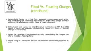 Fixed Vs. Floating Charges
(continued)
 In New Bulla Trading Ltd (1994), Court approved a clause under which lender
had fixed charge on receivables not collected, and floating charge on those
collected. New Bullas reversed by House of Lords in Brumark.
 In Brumark’s case [Agnew vs. Inland Revenue Commissioners 2001 2 AC 710]
House of Lords set important distinguishing criteria for fixed vs. floating
charges on receivables
 Unless the collection of receivables is actually controlled by the chargee, the
charge must be a floating charge
 In the ruling in Cosslett this decision was extended to movable properties as
well.
 