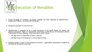 Hypothecation of Movables
 Simple mortgage of movables, not being a pledge, has been regarded as hypothecation -
Cooperative H Bank v. Surrendra ILR 59 Cal 667
 No specific provision in Contracts law
 Hypothecatee is supposed to be in legal possession of the goods though the debtor has
physical possession. Right of repossession specifically conferred can be exercised without
intervention of Court (however, more case law in recent times):
 AP High Court in State Bank of India v Shah Ali
 MP High Court in Chirangi Lal v. Central Bank of India
 Floating charges in case of non-corporate borrowers - applicability questioned in England on
the doctrine of reputed ownership
 
