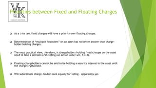 Priorities between Fixed and Floating Charges
 As a trite law, fixed charges will have a priority over floating charges.
 Determination of “multiple financiers” on an asset has no better answer than charge-
holder holding charges.
 The most practical view, therefore, is chargeholders holding fixed charges on the asset
need to take a decision (75% voting) on action under sec. 13 (4).
 Floating chargeholders cannot be said to be holding a security interest in the asset until
the charge crystallised.
 Will subordinate charge-holders rank equally for voting - apparently yes
 