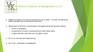 Manner and Effect of Takeover of Management u/s 15
(continued)
 Takeover of assets u/s 13 (4) can only lead to sale of assets - not their running by the
lender. Essential rule of foreclosure versus sale
 Appointment of directors/ administrator to be appointed by the secured creditors
 notice in newspapers
 on publication of notice, existing directors shall vacate office
 creditor-directors shall take over the office/ assets
 sec 15 (3) overrides the Companies Act.
 Sec 15 (4) - restoration of management
 