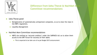 Difference from Usha Thorat & Nachiket More
Committee recommendations
 Usha Thorat panel
 Deregistration of systematically unimportant companies, so as to clear the mass in
the NBFC regulations.
 Liquidity Management
 Nachiket More Committee recommendations
 NBFCs be notified as ‘secured creditors’ under the SARFAESI Act as to allow them
access to the DRT Forum for recovery of their debts
 This is expected to be take care of as per Budget 2015 announcement
 