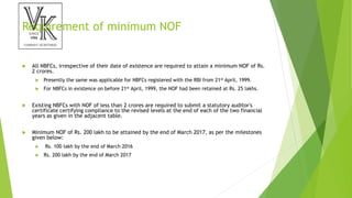 Requirement of minimum NOF
 All NBFCs, irrespective of their date of existence are required to attain a minimum NOF of Rs.
2 crores.
 Presently the same was applicable for NBFCs registered with the RBI from 21st April, 1999.
 For NBFCs in existence on before 21st April, 1999, the NOF had been retained at Rs. 25 lakhs.
 Existing NBFCs with NOF of less than 2 crores are required to submit a statutory auditor's
certificate certifying compliance to the revised levels at the end of each of the two financial
years as given in the adjacent table.
 Minimum NOF of Rs. 200 lakh to be attained by the end of March 2017, as per the milestones
given below:
 Rs. 100 lakh by the end of March 2016
 Rs. 200 lakh by the end of March 2017
 