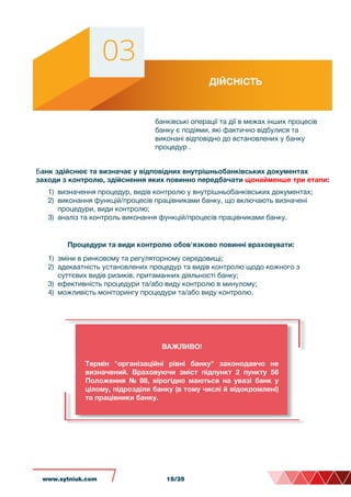 банківські операції та дії в межах інших процесів
банку є подіями, які фактично відбулися та
виконані відповідно до встановлених у банку
процедур .
ДІЙСНІСТЬ
Банк здійснює та визначає у відповідних внутрішньобанківських документах
заходи з контролю, здійснення яких повинно передбачати щонайменше три етапи:
Процедури та види контролю обов'язково повинні враховувати:
1) зміни в ринковому та регуляторному середовищі;
2) адекватність установлених процедур та видів контролю щодо кожного з
суттєвих видів ризиків, притаманних діяльності банку;
3) ефективність процедури та/або виду контролю в минулому;
4) можливість моніторингу процедури та/або виду контролю.
ВАЖЛИВО!
Термін "організаційні рівні банку" законодавчо не
визначений. Враховуючи зміст підпункт 2 пункту 56
Положення № 88, вірогідно маються на увазі банк у
цілому, підрозділи банку (в тому числі й відокромлені)
та працівники банку.
1) визначення процедур, видів контролю у внутрішньобанківських документах;
2) виконання функцій/процесів працівниками банку, що включають визначені
процедури, види контролю;
3) аналіз та контроль виконання функцій/процесів працівниками банку.
www.sytniuk.com 15/35
 