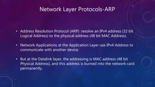 Network Layer Protocols-ARP
• Address Resolution Protocol (ARP) resolve an IPv4 address (32 bit
Logical Address) to the physical address (48 bit MAC Address).
• Network Applications at the Application Layer use IPv4 Address to
communicate with another device.
• But at the Datalink layer, the addressing is MAC address (48 bit
Physical Address), and this address is burned into the network card
permanently.
 