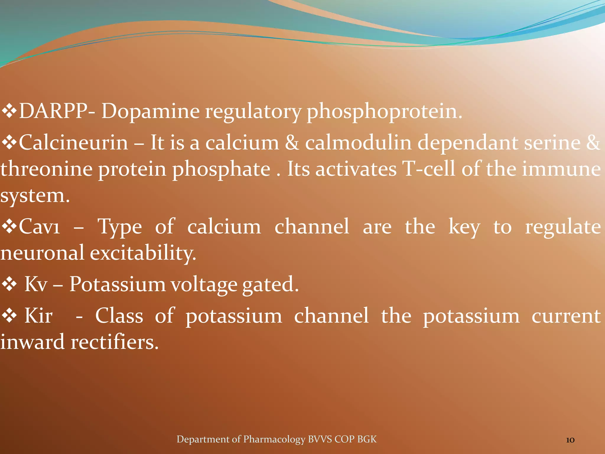 ❖DARPP- Dopamine regulatory phosphoprotein.
❖Calcineurin – It is a calcium & calmodulin dependant serine &
threonine protein phosphate . Its activates T-cell of the immune
system.
❖Cav1 – Type of calcium channel are the key to regulate
neuronal excitability.
❖ Kv – Potassium voltage gated.
❖ Kir - Class of potassium channel the potassium current
inward rectifiers.
10
Department of Pharmacology BVVS COP BGK
 