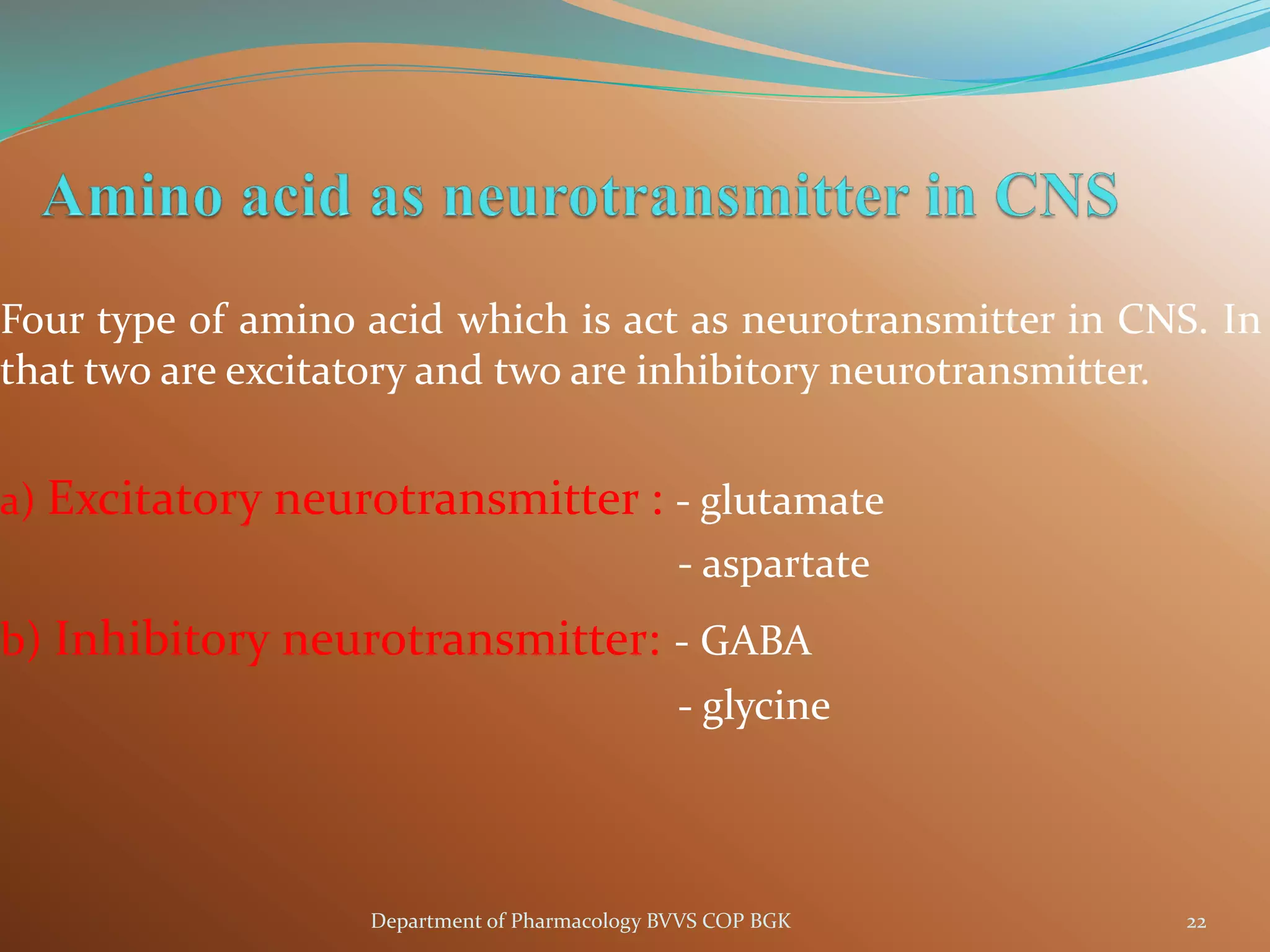 Four type of amino acid which is act as neurotransmitter in CNS. In
that two are excitatory and two are inhibitory neurotransmitter.
a) Excitatory neurotransmitter : - glutamate
- aspartate
b) Inhibitory neurotransmitter: - GABA
- glycine
22
Department of Pharmacology BVVS COP BGK
 