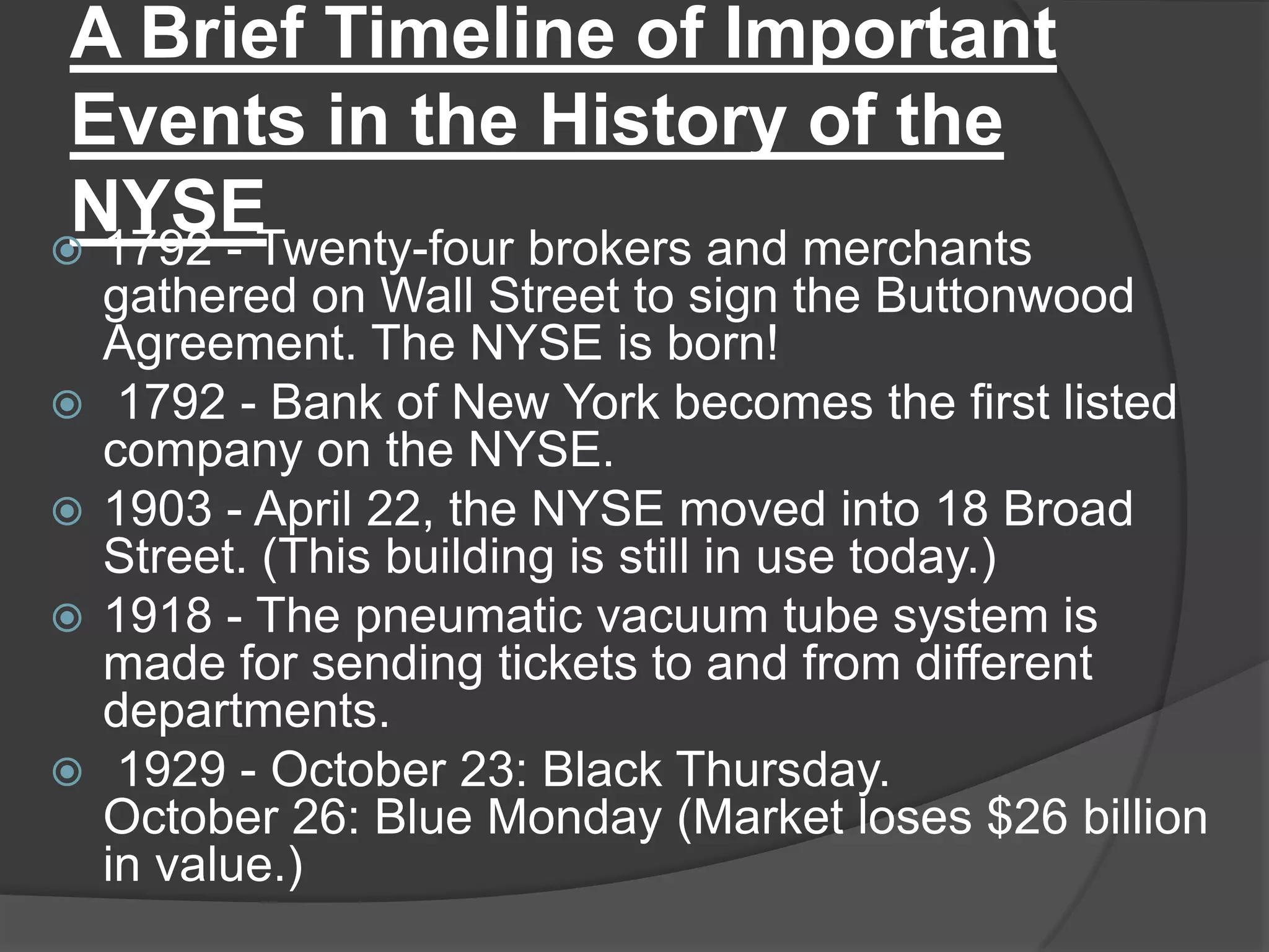 A Brief Timeline of Important Events in the History of the NYSE1792 - Twenty-four brokers and merchants gathered on Wall Street to sign the Buttonwood Agreement. The NYSE is born!1792 - Bank of New York becomes the first listed company on the NYSE.1903 - April 22, the NYSE moved into 18 Broad Street. (This building is still in use today.)1918 - The pneumatic vacuum tube system is made for sending tickets to and from different departments.1929 - October 23: Black Thursday.October 26: Blue Monday (Market loses $26 billion in value.)