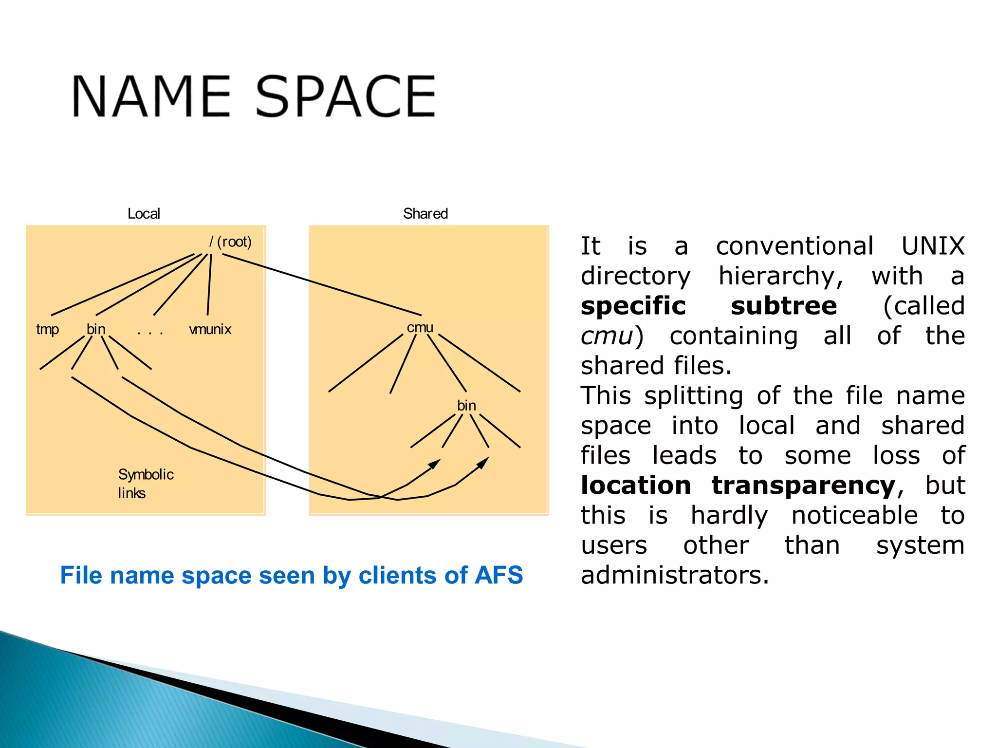 / (root)
tmp bin cmuvmunix. . .
bin
SharedLocal
Symbolic
links
File name space seen by clients of AFS
It is a conventional UNIX
directory hierarchy, with a
specific subtree (called
cmu) containing all of the
shared files.
This splitting of the file name
space into local and shared
files leads to some loss of
location transparency, but
this is hardly noticeable to
users other than system
administrators.
 