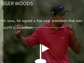 TIGERWOODS
• In 2001, he signed a five-year extension that was
worth $100 million.
⛳️
 