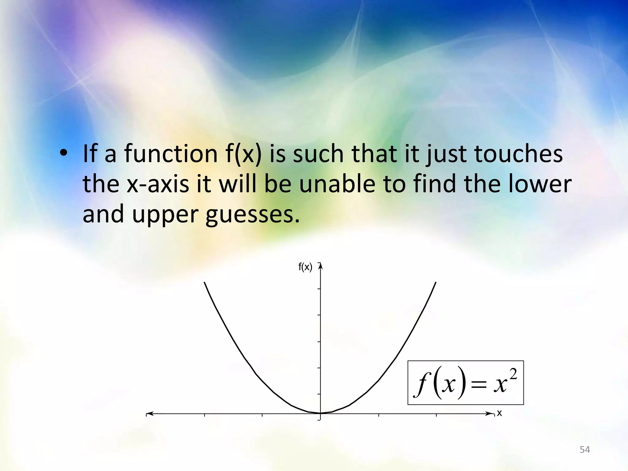 54
• If a function f(x) is such that it just touches
the x-axis it will be unable to find the lower
and upper guesses.
f(x)
x
  2
xxf 
 