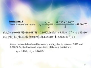 27
06875.0
2
0825.0055.0
2




 u
m
xx
x 
       
           010563.510655.606875.0055.0
10563.510993.306875.0165.006875.006875.0
55
5423




ffxfxf
fxf
ml
m
Iteration 3
The estimate of the root is
Hence the root is bracketed between x and xm, that is, between 0.055 and
0.06875. So, the lower and upper limits of the new bracket are
06875.0,055.0  ul xx
 
