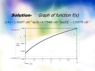 Solution- Graph of function f(x)
   3383
10293775.2ln10775468.8)ln(10341077.2)( 
 xRxRxRf
1 1.5 2 2.5 3 3.5 4
0.003
0.002
0.001
0
0.001
f(x)
9.51881 10
4

2.29378 10
3

0
f x( )
41 x
 