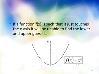 54
• If a function f(x) is such that it just touches
the x-axis it will be unable to find the lower
and upper guesses.
f(x)
x
  2
xxf 
 