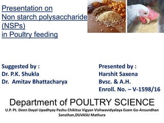 Presentation on
Non starch polysaccharides
(NSPs)
in Poultry feeding
Department of POULTRY SCIENCE
U.P. Pt. Deen Dayal Upadhyay Pashu Chikitsa Vigyan Vishwavidyalaya Evam Go-Ansundhan
Sansthan,DUVASU Mathura
Suggested by :
Dr. P.K. Shukla
Dr. Amitav Bhattacharya
Presented by :
Harshit Saxena
Bvsc. & A.H.
Enroll. No. – V-1598/16
 