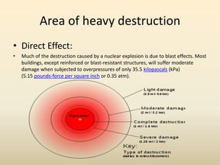 Area of heavy destruction
• Direct Effect:
• Much of the destruction caused by a nuclear explosion is due to blast effects. Most
buildings, except reinforced or blast-resistant structures, will suffer moderate
damage when subjected to overpressures of only 35.5 kilopascals (kPa)
(5.15 pounds-force per square inch or 0.35 atm).
 