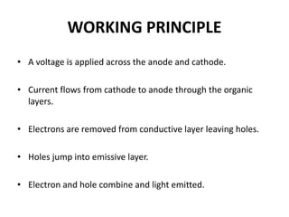 WORKING PRINCIPLE
• A voltage is applied across the anode and cathode.
• Current flows from cathode to anode through the organic
layers.
• Electrons are removed from conductive layer leaving holes.
• Holes jump into emissive layer.
• Electron and hole combine and light emitted.
 