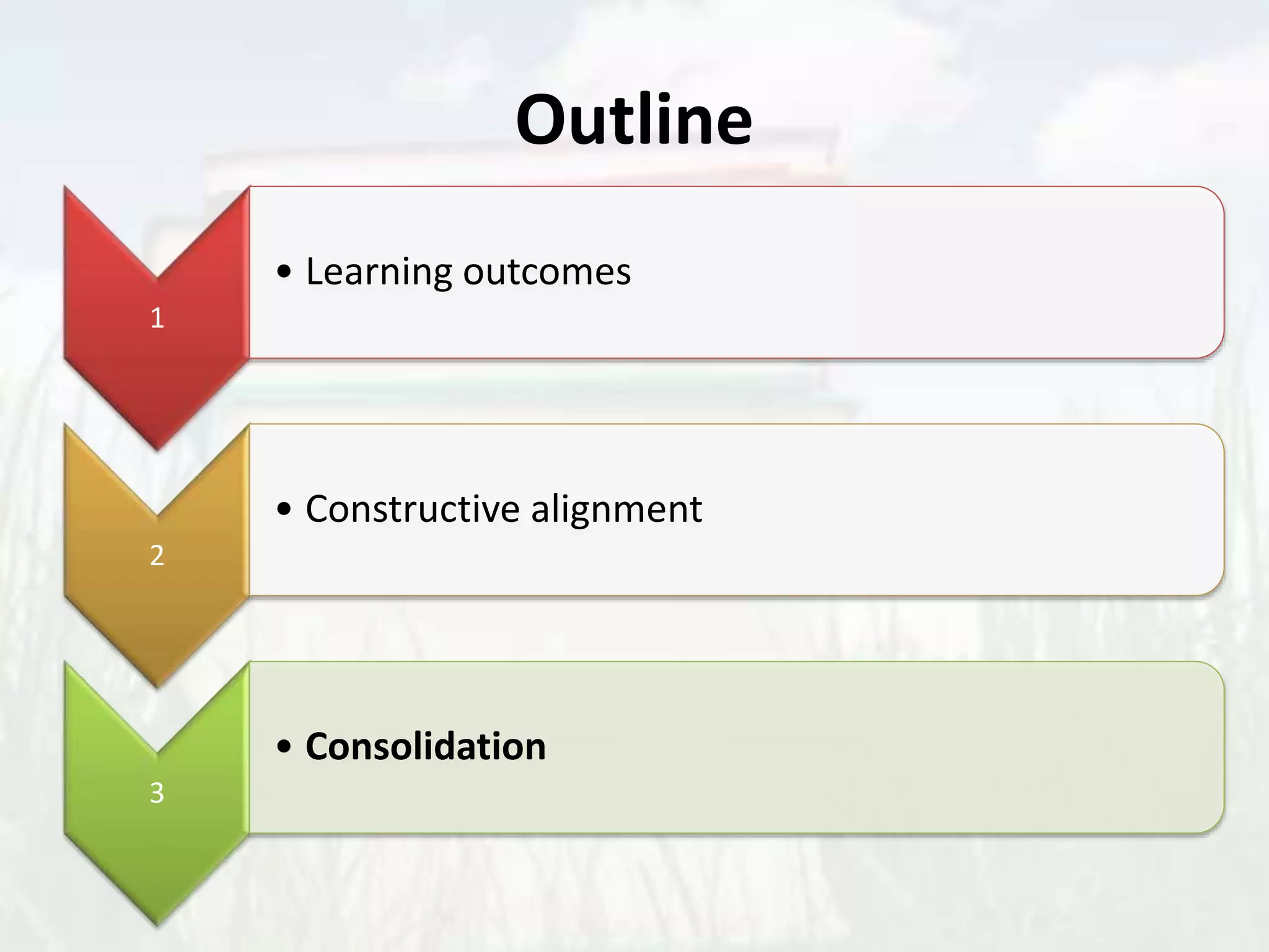 Outline
1
• Learning outcomes
2
• Constructive alignment
3
• Consolidation
 