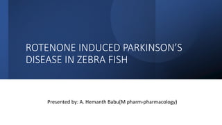 ROTENONE INDUCED PARKINSON’S
DISEASE IN ZEBRA FISH
Presented by: A. Hemanth Babu(M pharm-pharmacology)
 