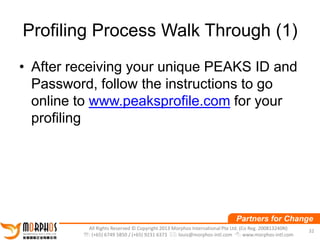 Profiling Process Walk Through (1)
• After receiving your unique PEAKS ID and
Password, follow the instructions to go
online to www.peaksprofile.com for your
profiling

Partners for Change
All Rights Reserved © Copyright 2013 Morphos International Pte Ltd. (Co Reg. 200813240N)
: (+65) 6749 5850 / (+65) 9231 6373 : louis@morphos-intl.com : www.morphos-intl.com

32

 