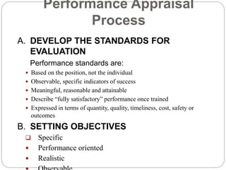 Performance Appraisal
Process
A. DEVELOP THE STANDARDS FOR
EVALUATION
Performance standards are:
 Based on the position, not the individual
 Observable, specific indicators of success
 Meaningful, reasonable and attainable
 Describe “fully satisfactory” performance once trained
 Expressed in terms of quantity, quality, timeliness, cost, safety or
outcomes
B. SETTING OBJECTIVES
 Specific
 Performance oriented
 Realistic
 