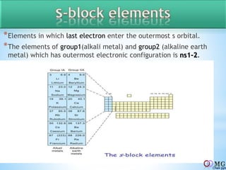*Elements in which last electron enter the outermost s orbital.
*The elements of group1(alkali metal) and group2 (alkaline earth
metal) which has outermost electronic configuration is ns1-2.
 