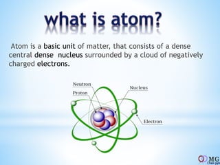 Atom is a basic unit of matter, that consists of a dense
central dense nucleus surrounded by a cloud of negatively
charged electrons.
 