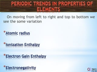 On moving from left to right and top to bottom we
see the some variation
*Atomic radius
*Ionization Enthalpy
*Electron Gain Enthalpy
*Electronegativity
 