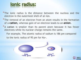 Ionic radius:
*The ionic radius is the distance between the nucleus and the
electron in the outermost shell of an ion.
*The removal of an electron from an atom results in the formation
of a cation, whereas gain of an electron leads to an anion.
*A cation is smaller than its parent atom because it has fewer
electrons while its nuclear charge remains the same.
For example, The atomic radius of sodium is 186 pm compared
to the ionic radius of 95 pm for Na+.
 