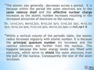 *The atomic size generally decreases across a period, It is
because within the period the outer electrons are in the
same valence shell and the effective nuclear charge
increases as the atomic number increases resulting in the
increased attraction of electrons to the nucleus.
Ex. Li(1s2,2s1), Be(1s2,2s2), B(1s2,2s2 2p1), C(1s2,2s2 2p2), N(1s2,2s2
2p3), O(1s2,2s2 2p4), F(1s2,2s2,2p5), Ne(1s2,2s2,2p6) i.e ns2,np1-6
*Within a vertical column of the periodic table, the atomic
radius increases regularly with atomic number. It is because
the principal quantum number (n) increases and the
valence electrons are farther from the nucleus. This
happens because the inner energy levels are filled with
electrons, which serve to shield the outer electrons from
the pull of the nucleus. Consequently the size of the atom
increases.
 