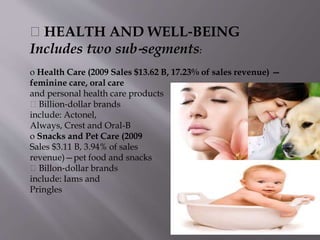 HEALTH AND WELL‐BEING
Includes two sub‐segments:
o Health Care (2009 Sales $13.62 B, 17.23% of sales revenue) —
feminine care, oral care
and personal health care products
Billion‐dollar brands
include: Actonel,
Always, Crest and Oral-B
o Snacks and Pet Care (2009
Sales $3.11 B, 3.94% of sales
revenue)—pet food and snacks
Billon‐dollar brands
include: Iams and
Pringles
 
