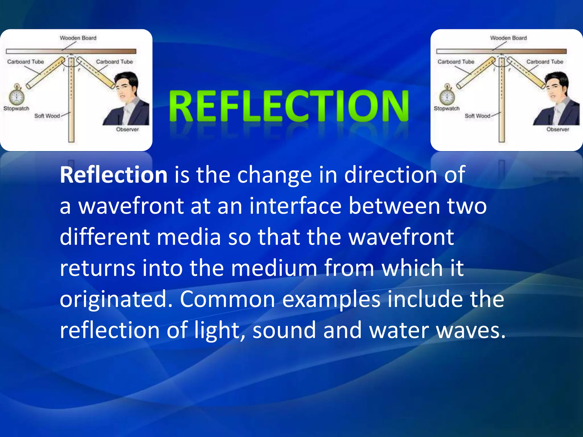Reflection is the change in direction of
a wavefront at an interface between two
different media so that the wavefront
returns into the medium from which it
originated. Common examples include the
reflection of light, sound and water waves.
 