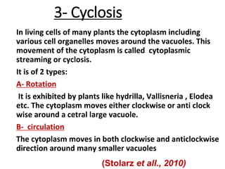 3- Cyclosis
In living cells of many plants the cytoplasm including
various cell organelles moves around the vacuoles. This
movement of the cytoplasm is called cytoplasmic
streaming or cyclosis.
It is of 2 types:
A- Rotation
It is exhibited by plants like hydrilla, Vallisneria , Elodea
etc. The cytoplasm moves either clockwise or anti clock
wise around a cetral large vacuole.
B- circulation
The cytoplasm moves in both clockwise and anticlockwise
direction around many smaller vacuoles
(Stolarz et all., 2010)
 