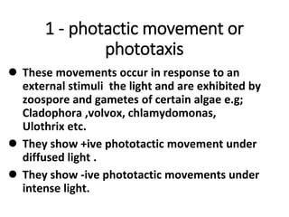 1 - photactic movement or
phototaxis
 These movements occur in response to an
external stimuli the light and are exhibited by
zoospore and gametes of certain algae e.g;
Cladophora ,volvox, chlamydomonas,
Ulothrix etc.
 They show +ive phototactic movement under
diffused light .
 They show -ive phototactic movements under
intense light.
 