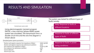 RESULTS AND SIMULATION
Using electromagnetic transient program
EMTDC, a two machine 3phase 400KV power
system was simulated. The transmission line is a
double circuit line and the one-line diagram is
shown above
The system was tested for different types of
faults namely;
Relay Response to faults at
different locations
Response to faults of different
types of faults
Response to faults in power
swing conditions
 