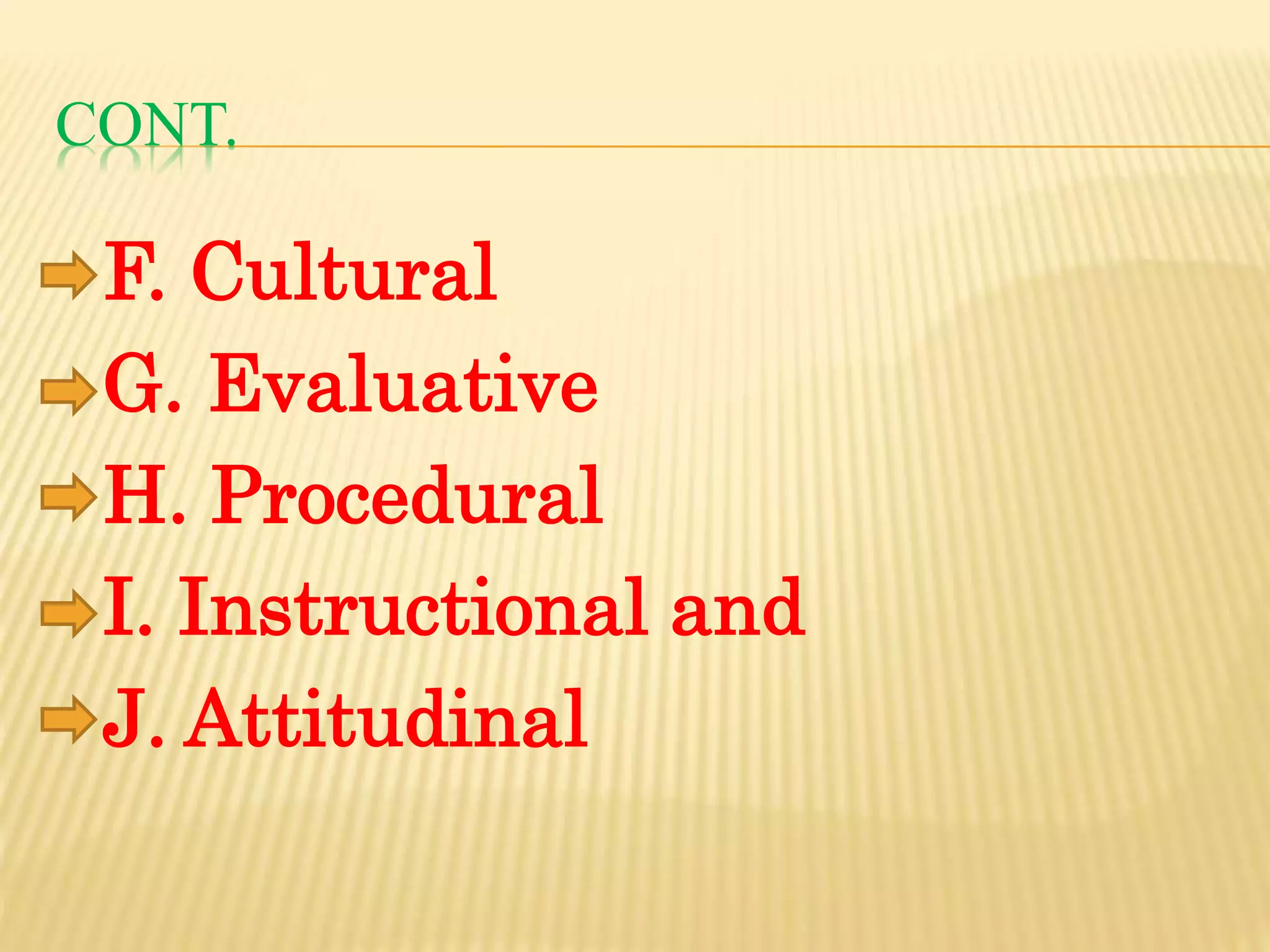CONT.
F. Cultural
G. Evaluative
H. Procedural
I. Instructional and
J. Attitudinal
 
