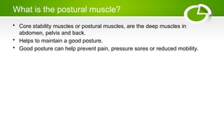 What is the postural muscle?
• Core stability muscles or postural muscles, are the deep muscles in
abdomen, pelvis and back.
• Helps to maintain a good posture.
• Good posture can help prevent pain, pressure sores or reduced mobility.
 