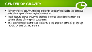 CENTER OF GRAVITY
• In the vertebral column, the line of gravity typically falls just to the concave
side of the apex of each region’s curvature.
• Ideal posture allows gravity to produce a torque that helps maintain the
optimal shape of the spinal curvatures.
• The external torque attributed to gravity is the greatest at the apex of each
region: C4 and C5, T6, and L3.
 